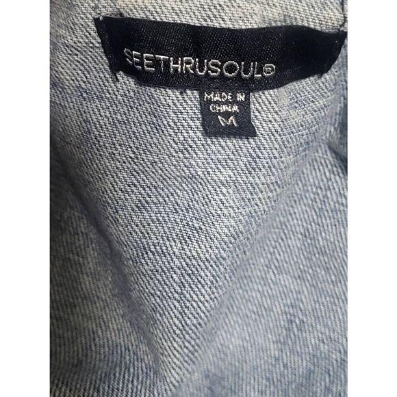See Thru Soul Distressed Blue Jean Denim Boyfriend Jacket Women Size Medium - Picture 13 of 16